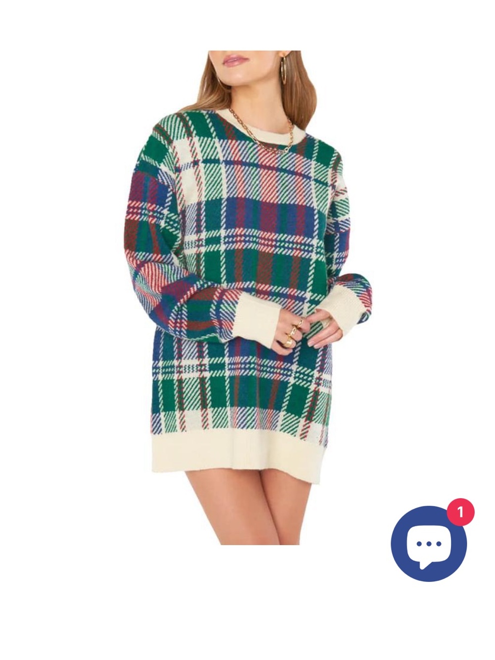 Show Me Your MuMu Green, Blue & Cream Plaid Crewneck Sweater Dress